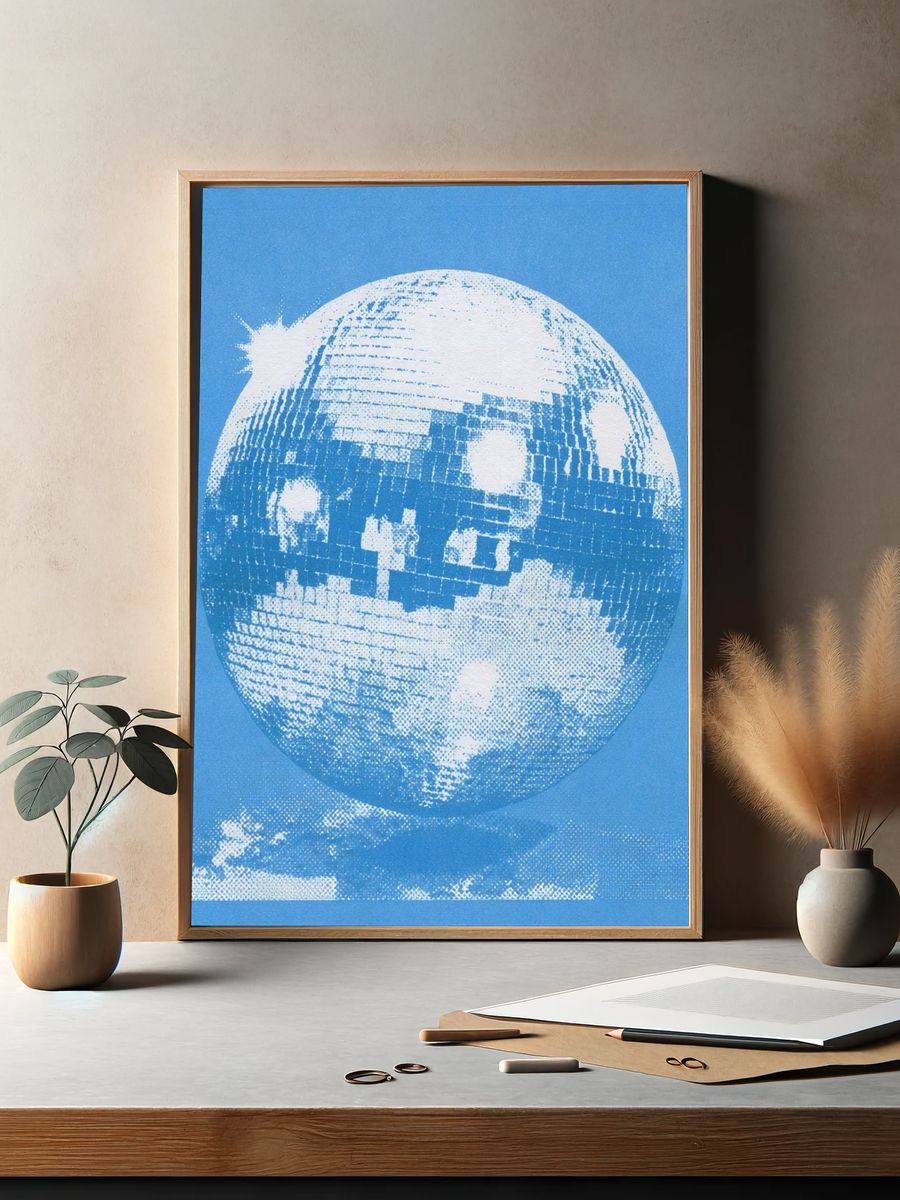 Blue Disco Ball Illustration Poster. — room view 2