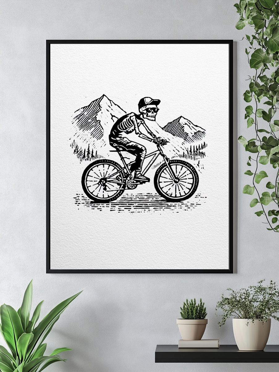 Skeleton Mountain Bike Illustration Poster. — room view 4