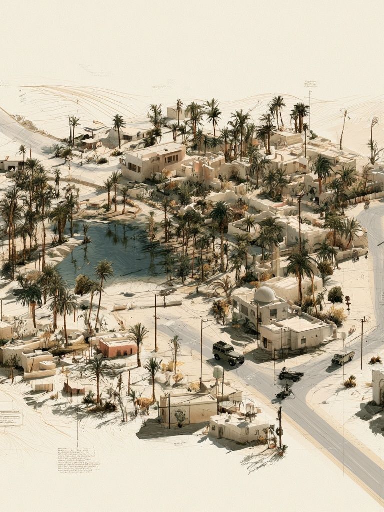 Desert Oasis Village Illustration Poster. poster detail
