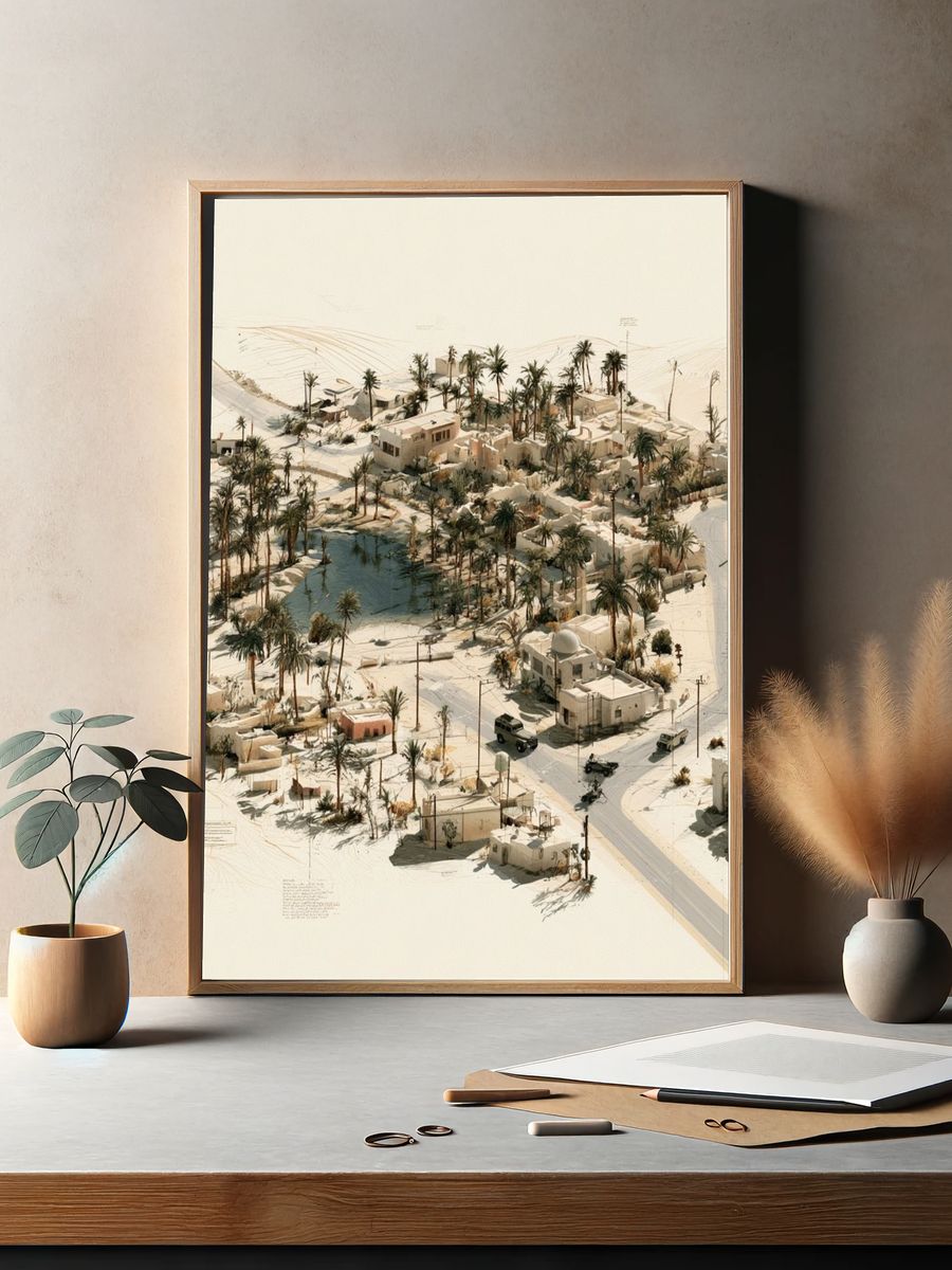 Desert Oasis Village Illustration Poster. — room view 2