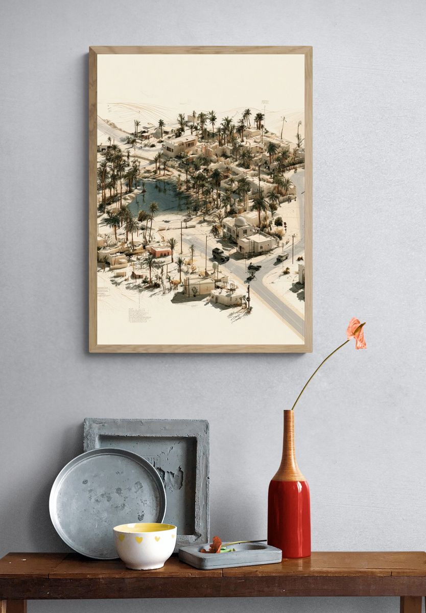 Desert Oasis Village Illustration Poster. — room view 3