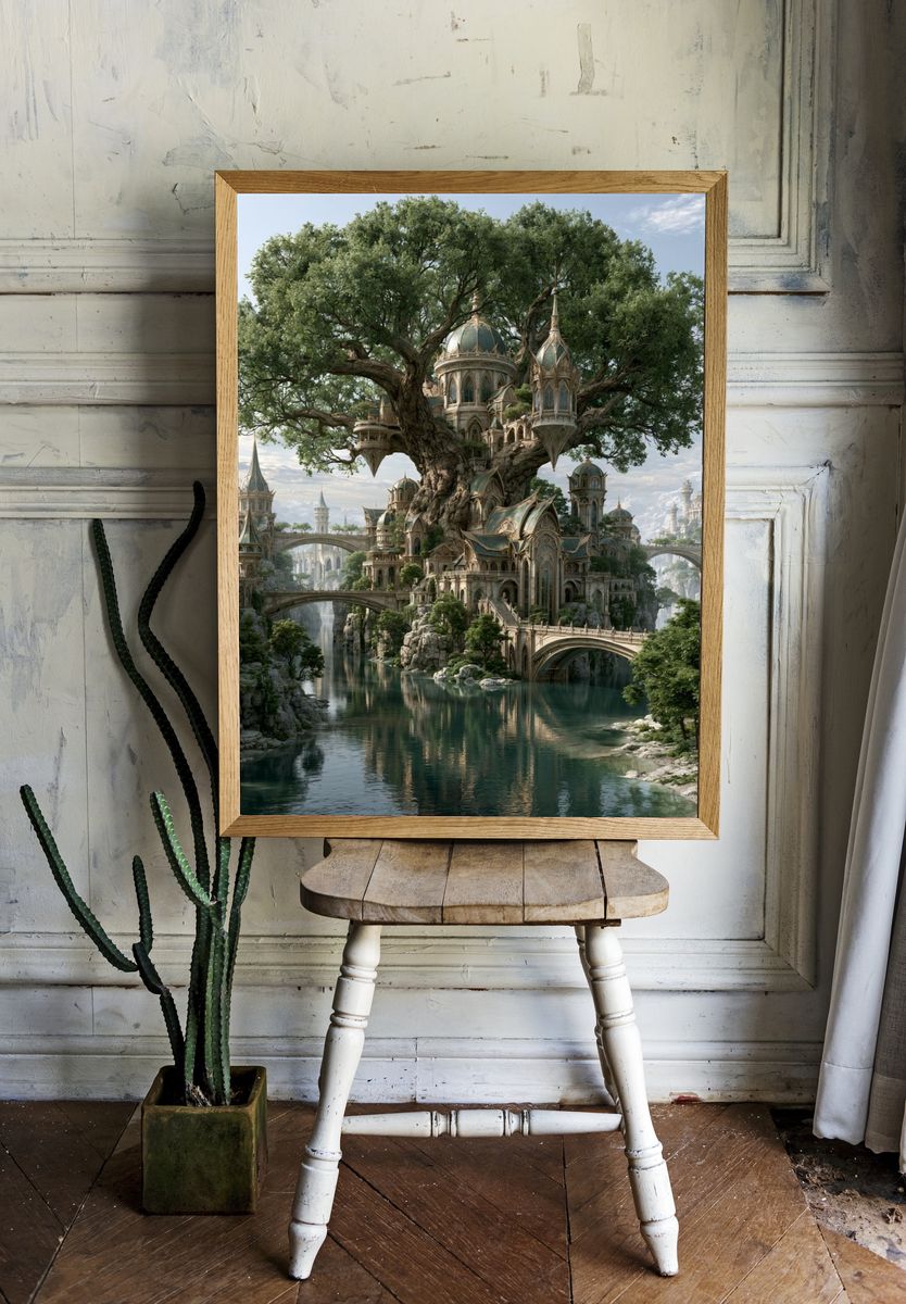 Enchanted Tree City Fantasy Print. room preview