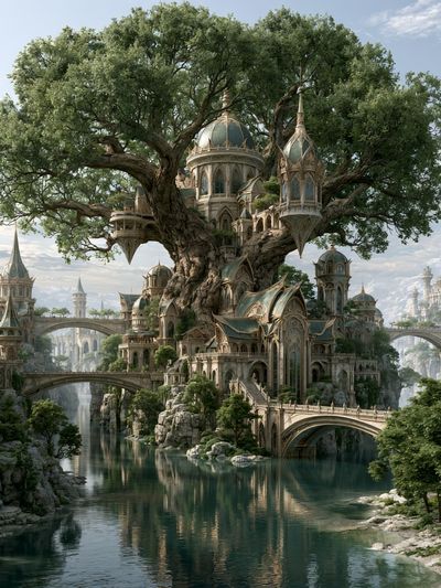 Enchanted Tree City Fantasy Print.