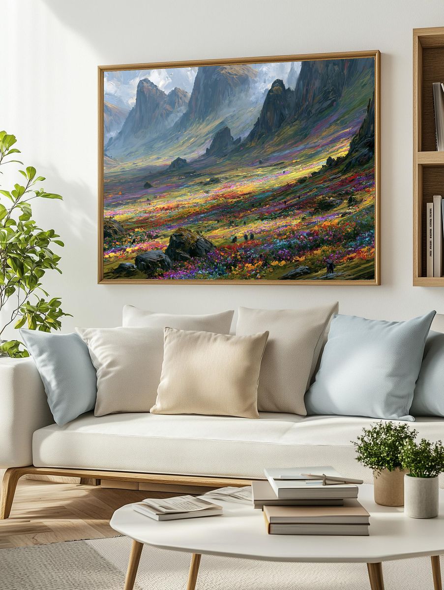 Colorful Mountain Valley Illustration Poster. — room view 2