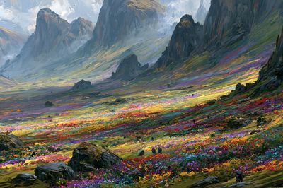 Colorful Mountain Valley Illustration Poster. poster