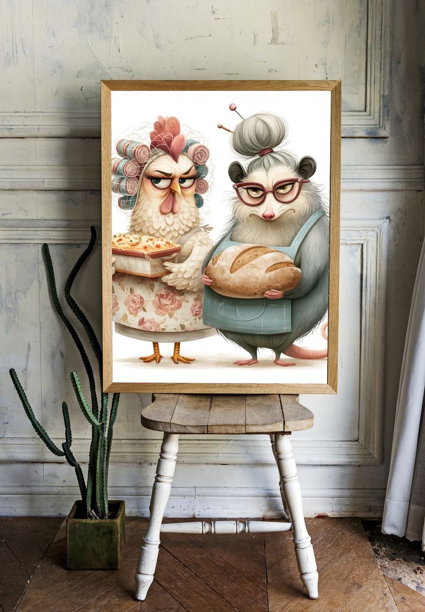 Baker Chick and Possum Illustration Poster. — room view 1