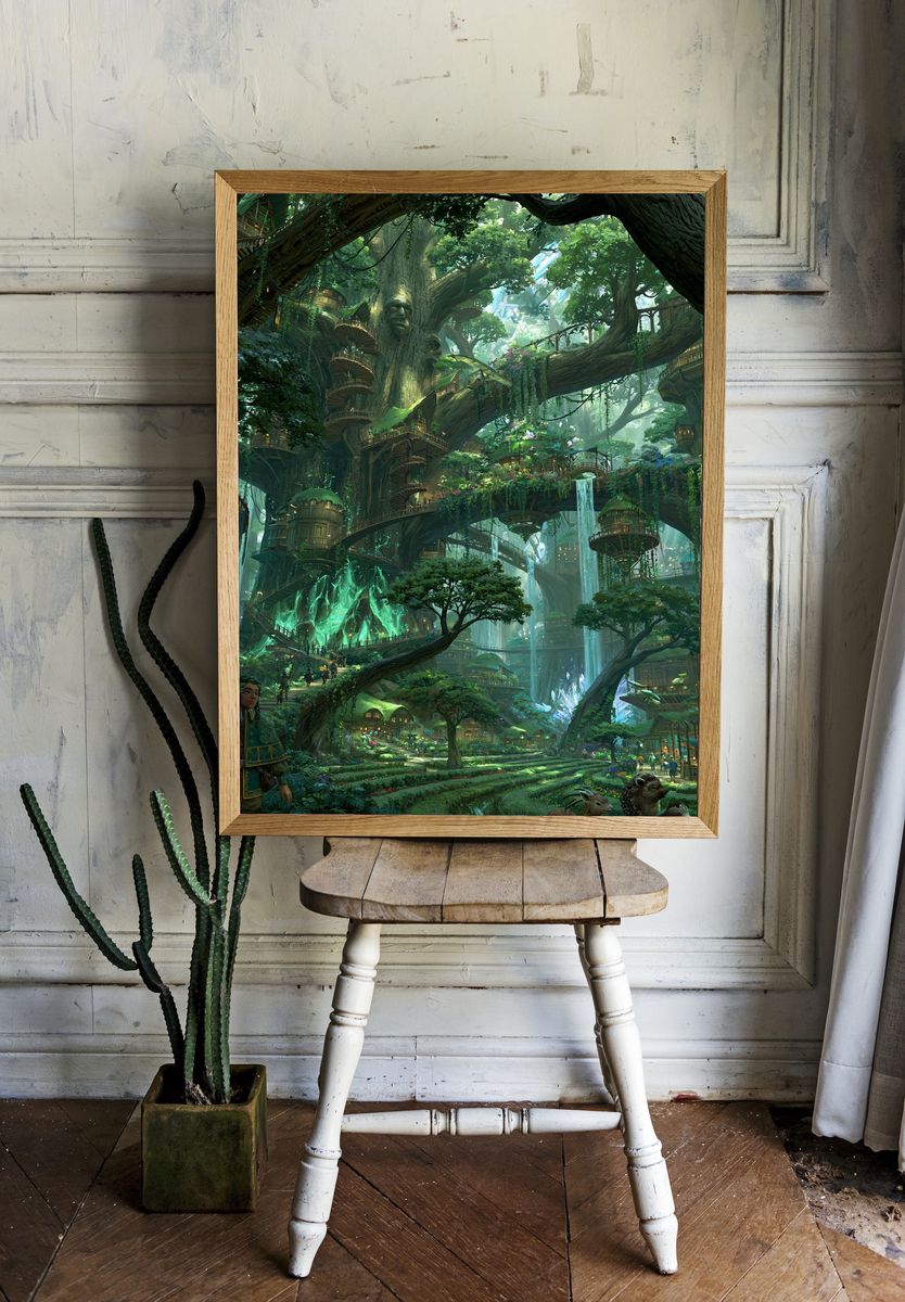 Enchanted Tree City Fantasy Print. room preview