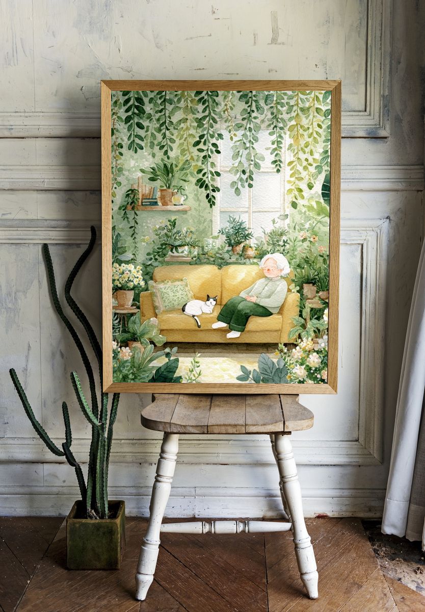 Cozy Greenhouse Reading Nook Illustration Poster. room preview