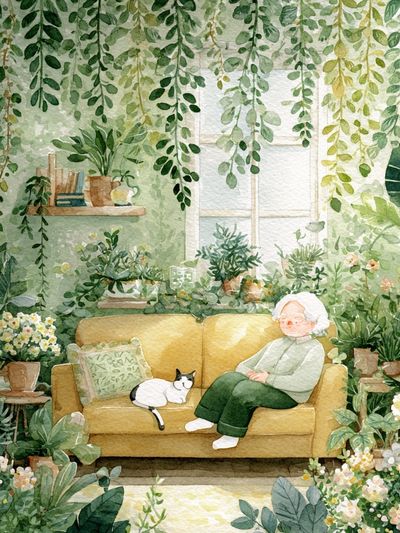 Cozy Greenhouse Reading Nook Illustration Poster. poster print
