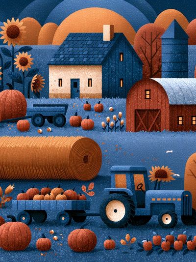 Autumn Farm Landscape Illustration Poster. poster