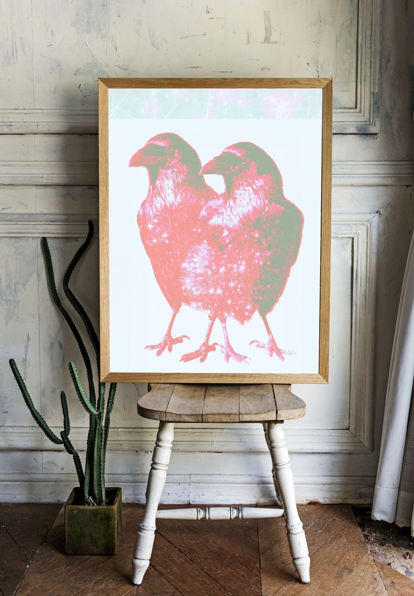 Twin Sparkle Birds Illustration Poster. — room view 1
