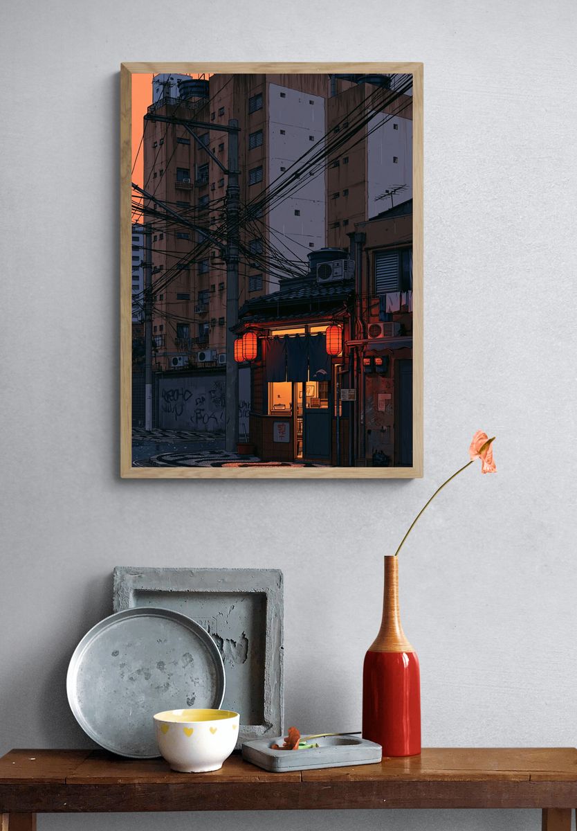 Tokyo Alley at Dusk Illustration Poster. — room view 3