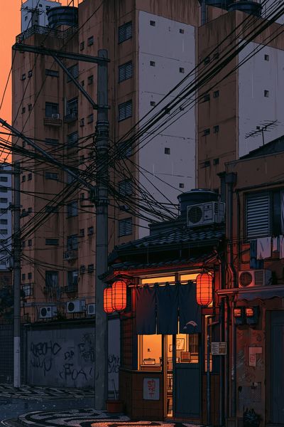 Tokyo Alley at Dusk Illustration Poster. poster