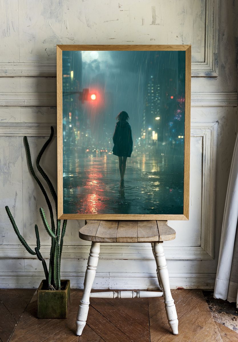 Rainy Neon City Walk Poster. room preview