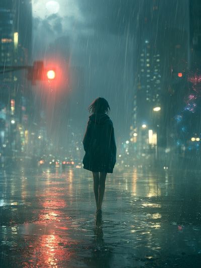 Rainy Neon City Walk Poster. poster print