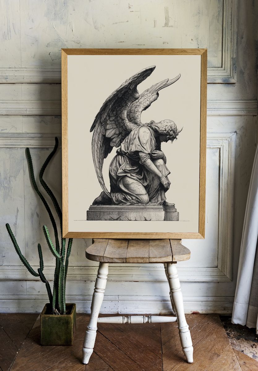 Kneeling Angel Statue Illustration Print. room preview