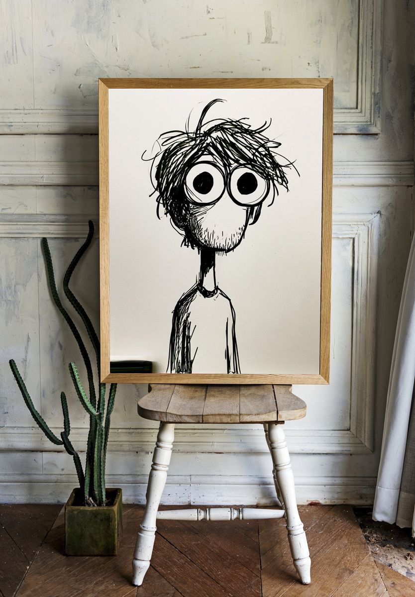 Wide-Eyed Scribble Portrait Poster. — room view 1
