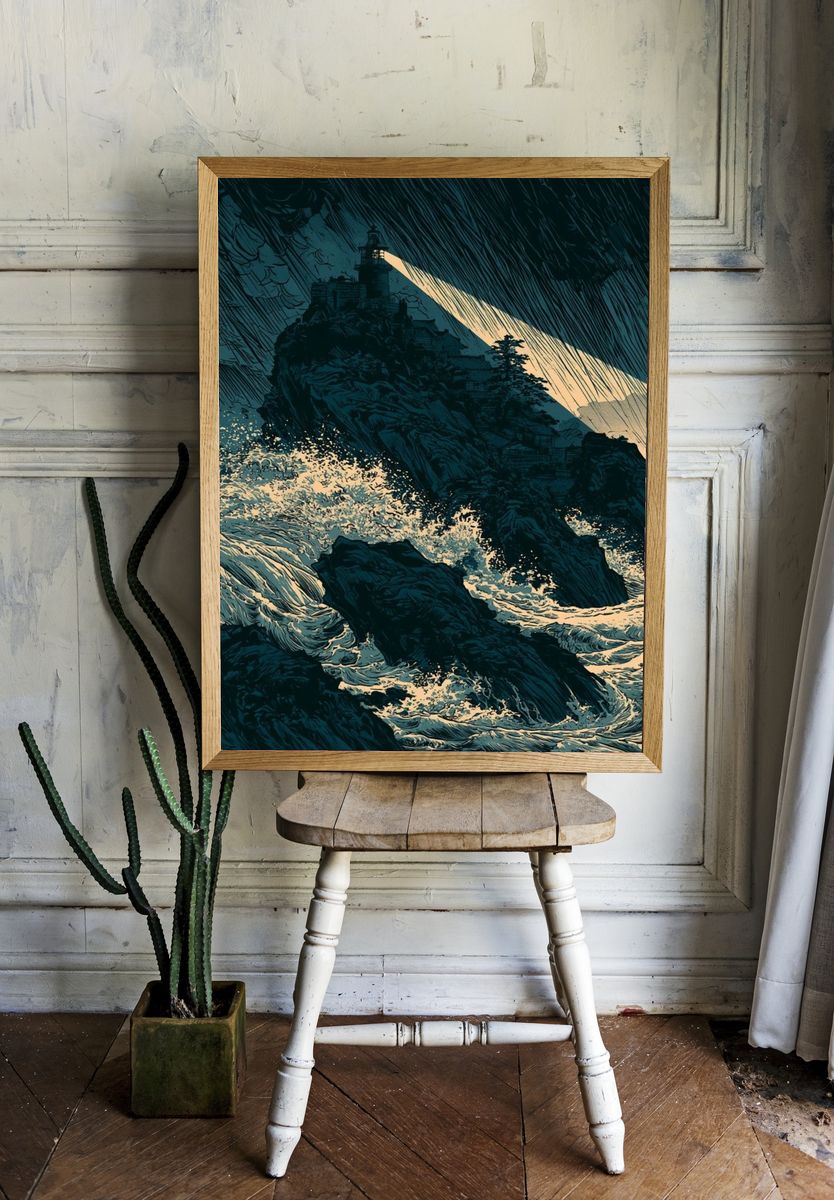 Stormy Lighthouse Coast Print. room preview