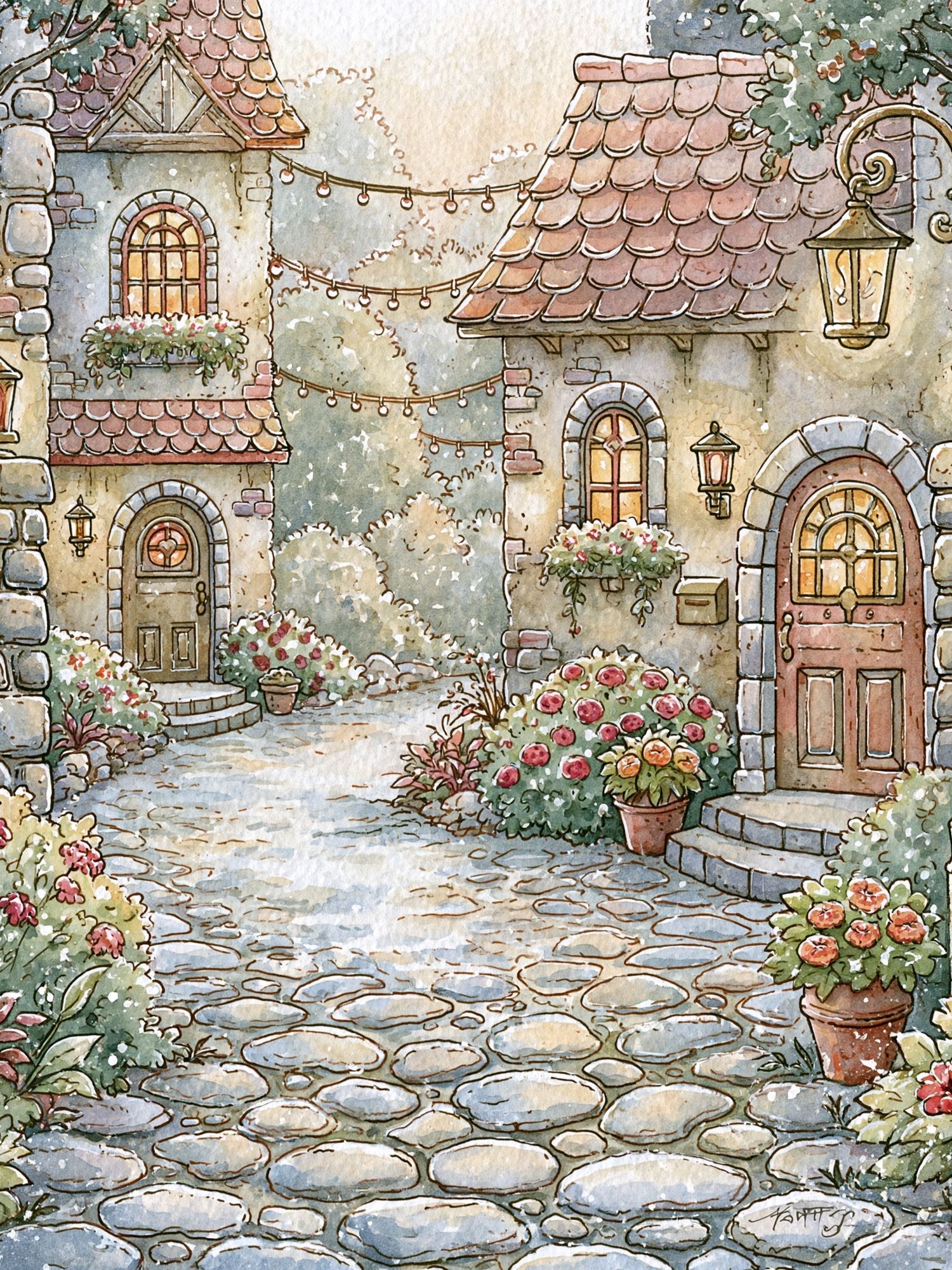 Cottage Garden Lane Illustration Poster. poster detail