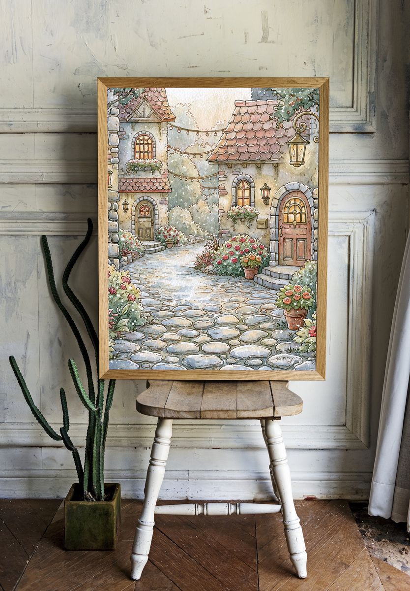 Cottage Garden Lane Illustration Poster. room preview