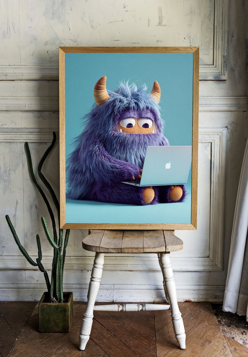 Purple Monster with Laptop Illustration Poster. room preview