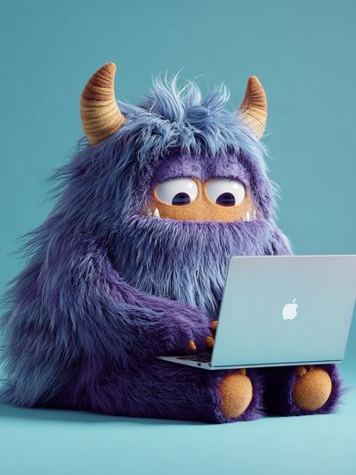 Purple Monster with Laptop Illustration Poster. poster print