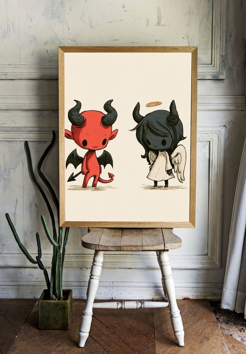 Cute Devil and Angel Illustration Poster. — room view 1