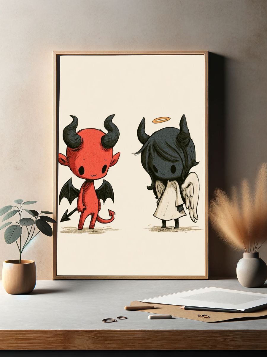 Cute Devil and Angel Illustration Poster. — room view 2