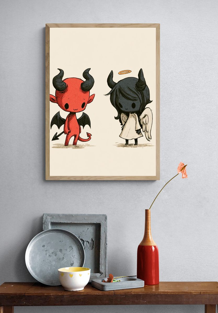 Cute Devil and Angel Illustration Poster. — room view 3