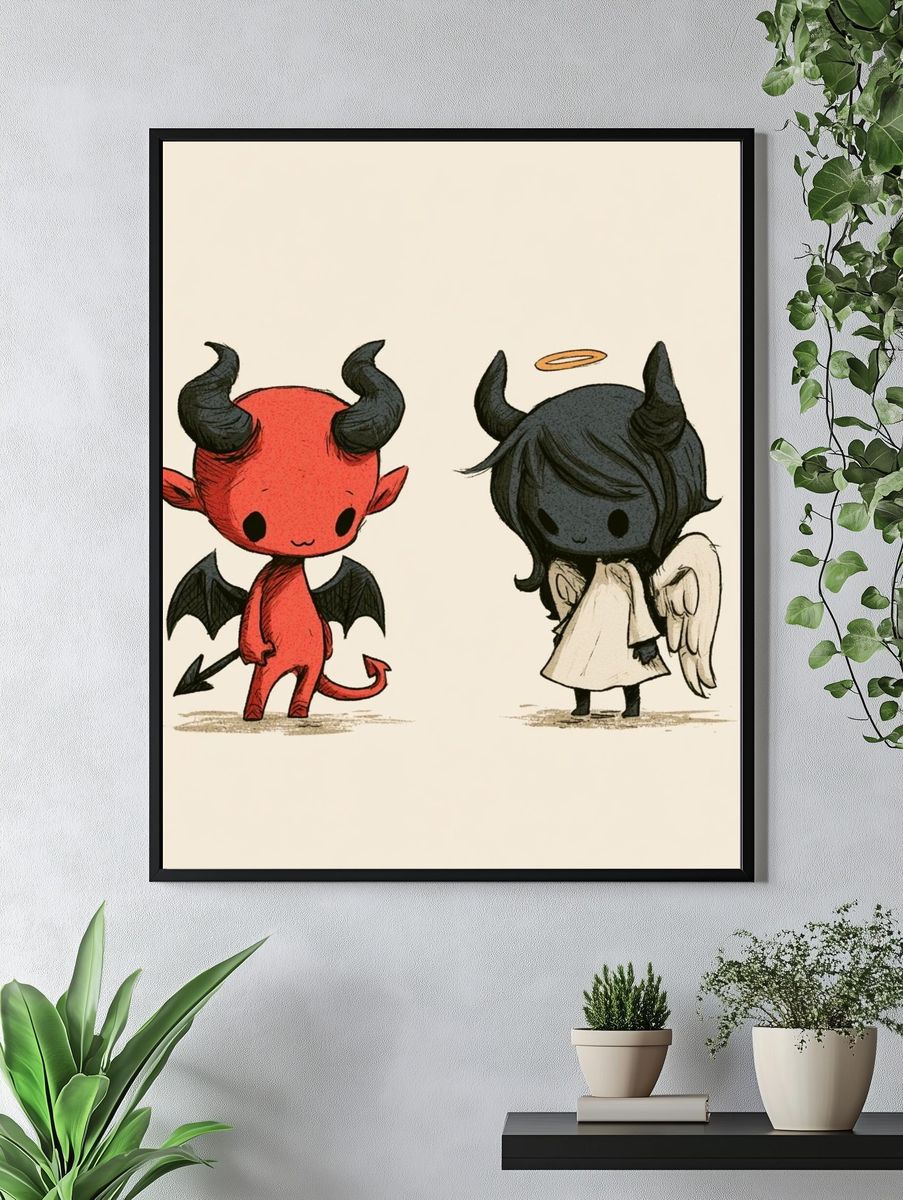 Cute Devil and Angel Illustration Poster. — room view 4