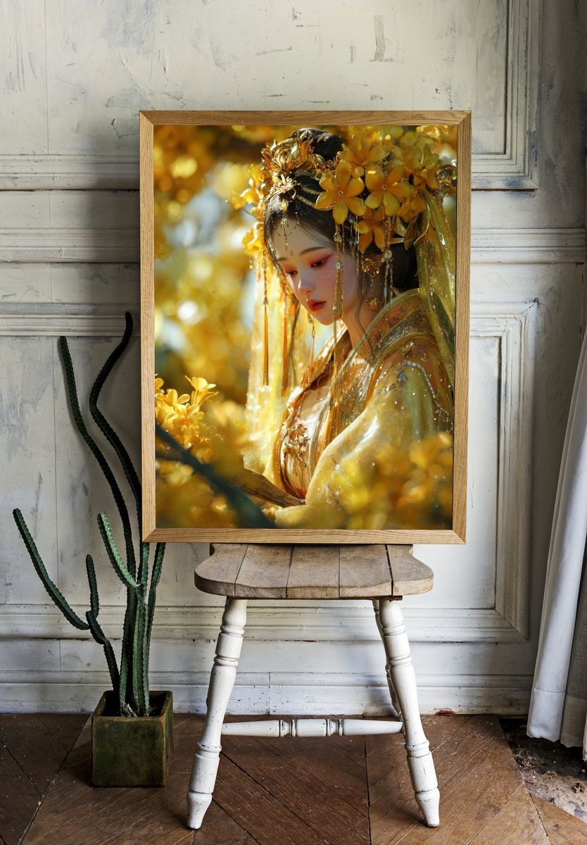 Golden Floral Portrait Print. room preview