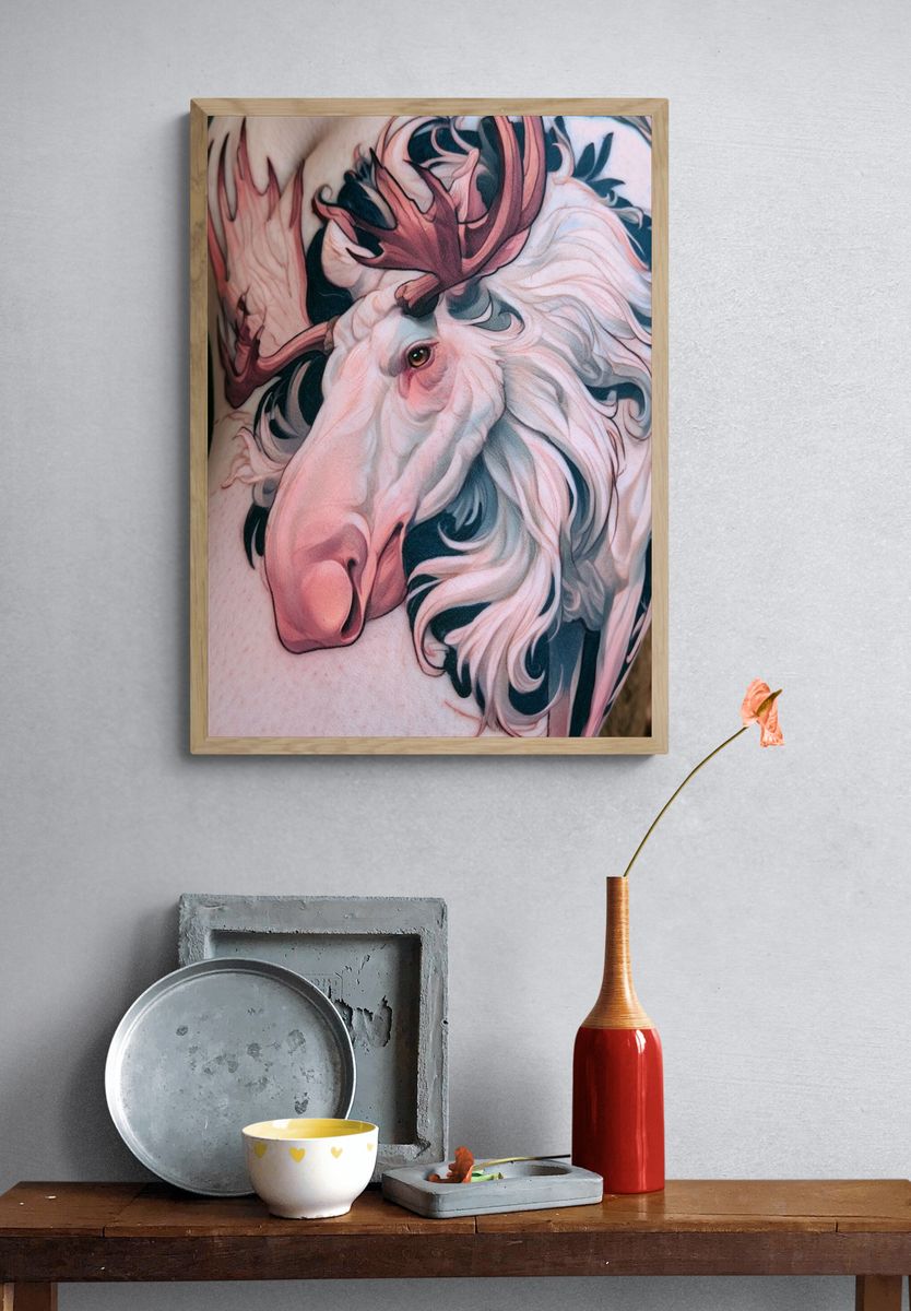 White Unicorn Tattoo Illustration Poster. — room view 3