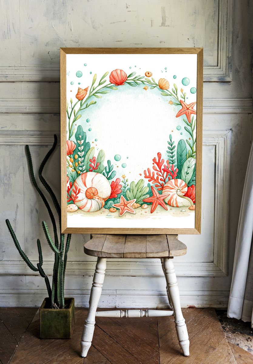 Seaside Shell Wreath Watercolor Poster. room preview
