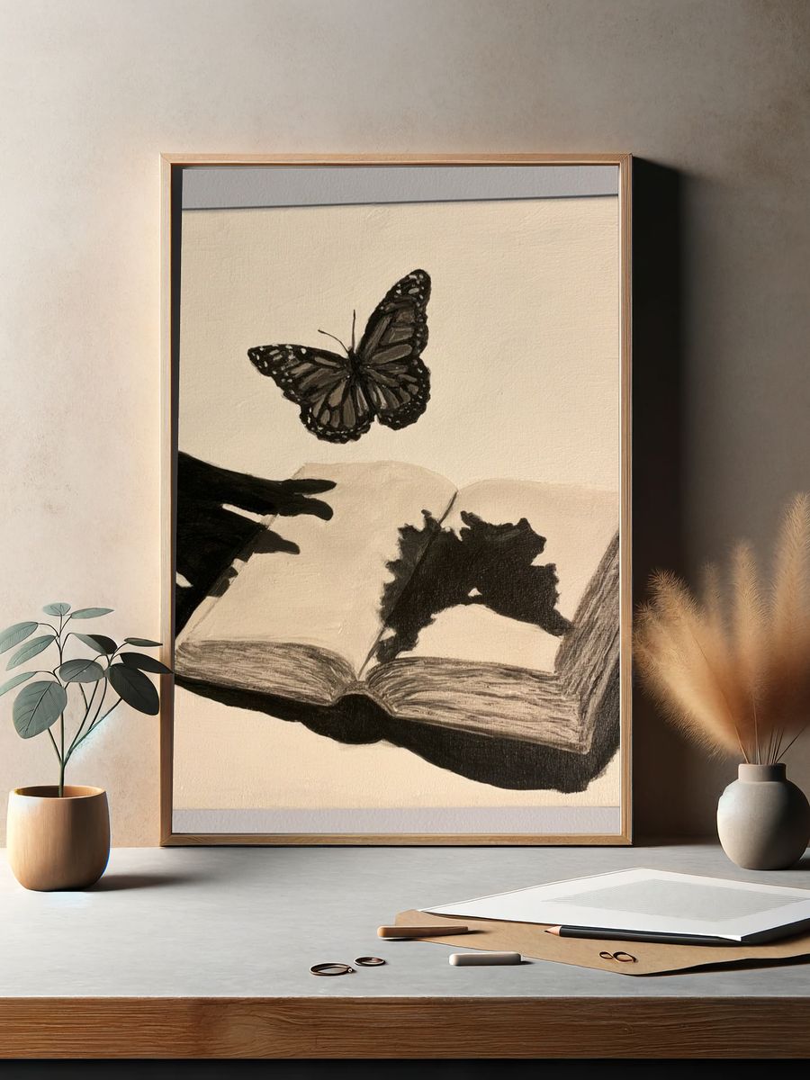 Butterfly and Open Book Illustration Poster. — room view 2