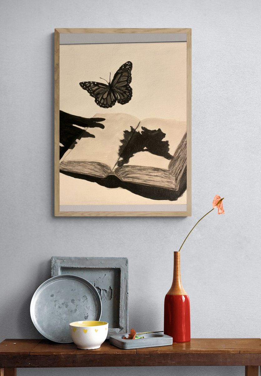 Butterfly and Open Book Illustration Poster. — room view 3