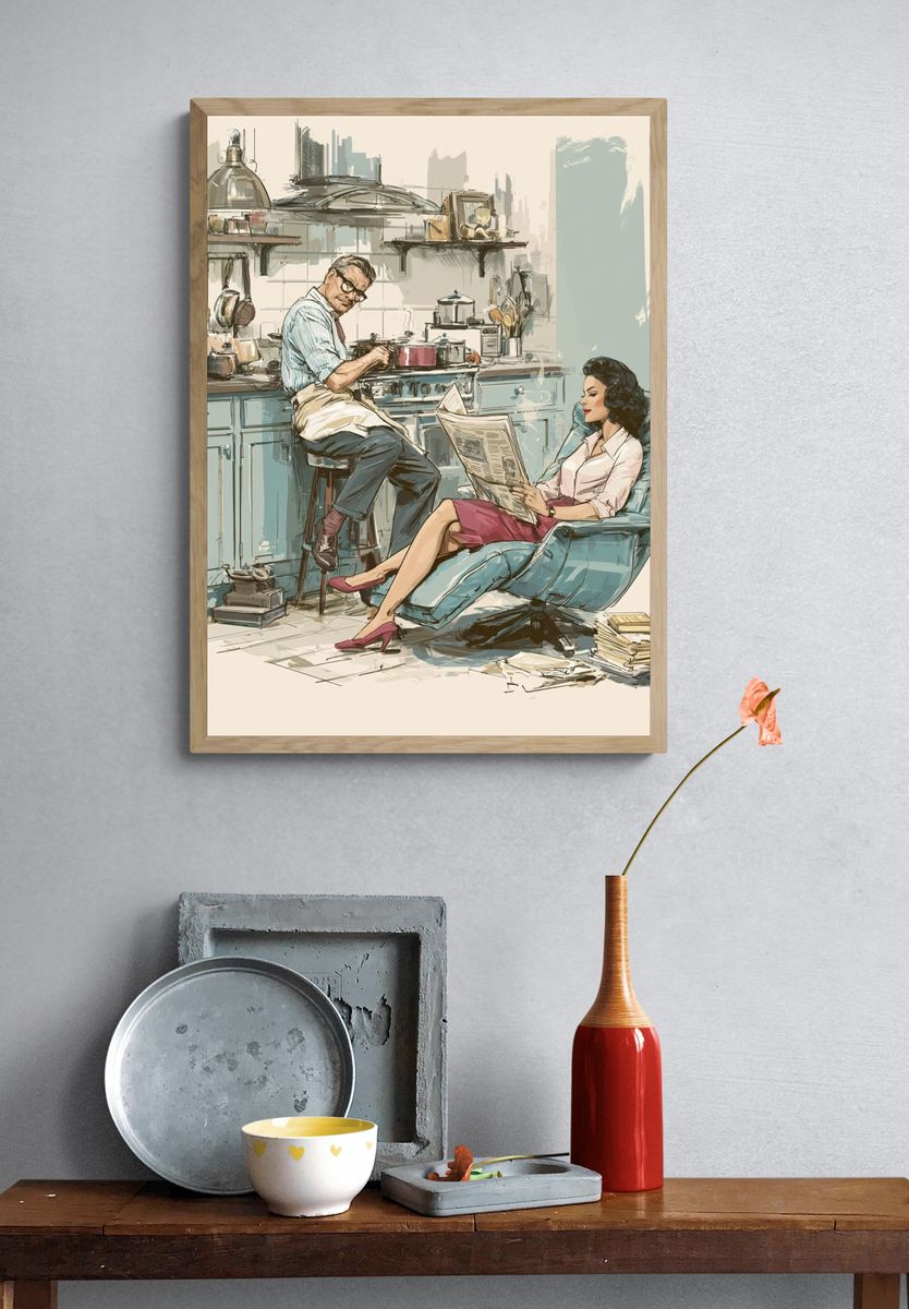 Mid-Century Kitchen Scene Illustration Print. — room view 3