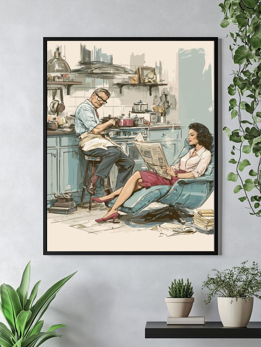 Mid-Century Kitchen Scene Illustration Print. — room view 4