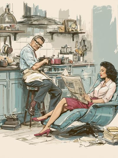 Mid-Century Kitchen Scene Illustration Print. poster
