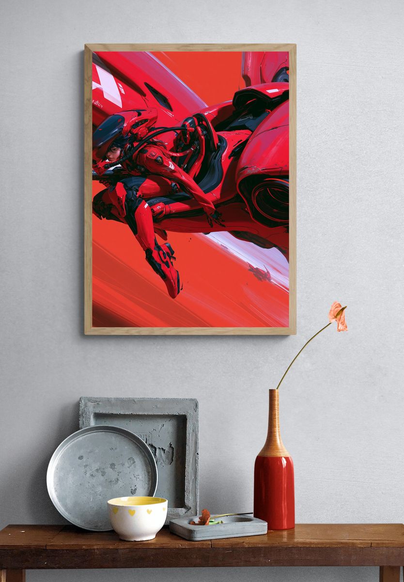 Red Mecha Rider Illustration Poster. — room view 3