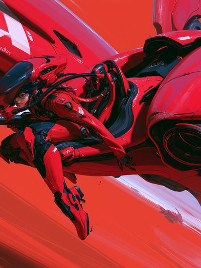 Red Mecha Rider Illustration Poster. poster