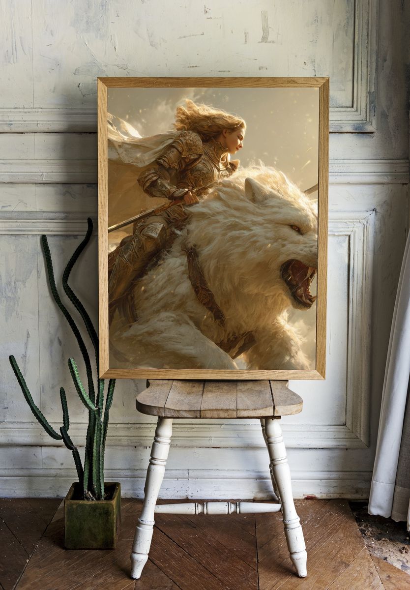 Warrior on White Bear Fantasy Print. room preview