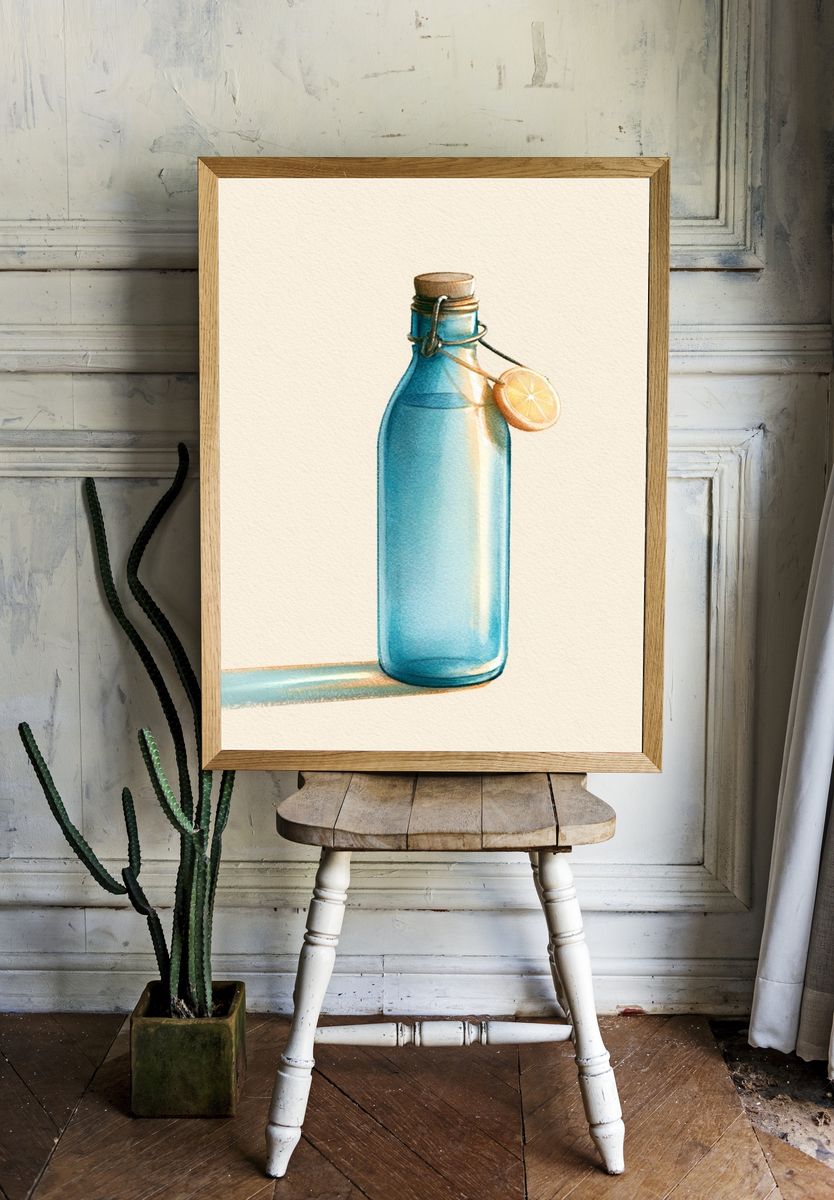 Blue Glass Bottle Watercolor Poster. — room view 1