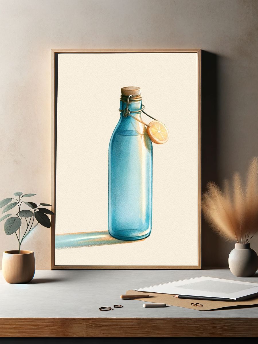 Blue Glass Bottle Watercolor Poster. — room view 2