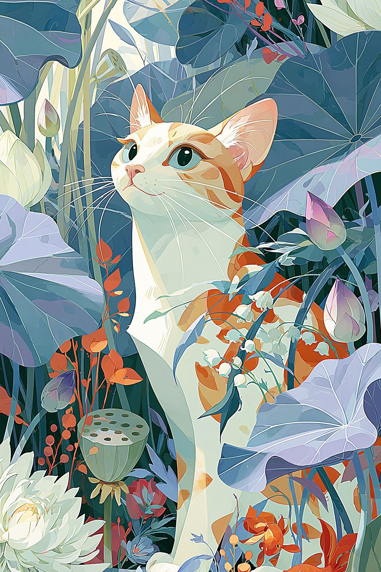 Cat in Lotus Garden Illustration Poster. poster detail