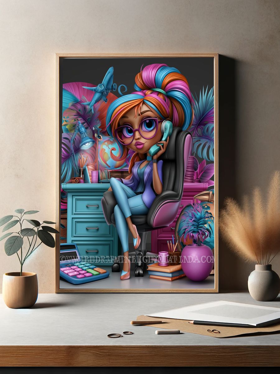 Colorful Girl Office Illustration Poster. — room view 2
