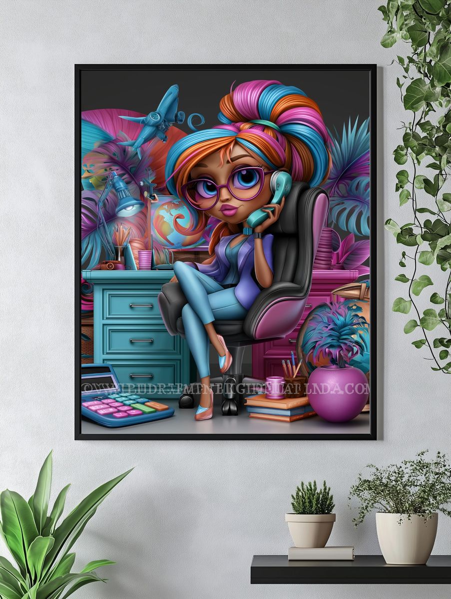 Colorful Girl Office Illustration Poster. — room view 4