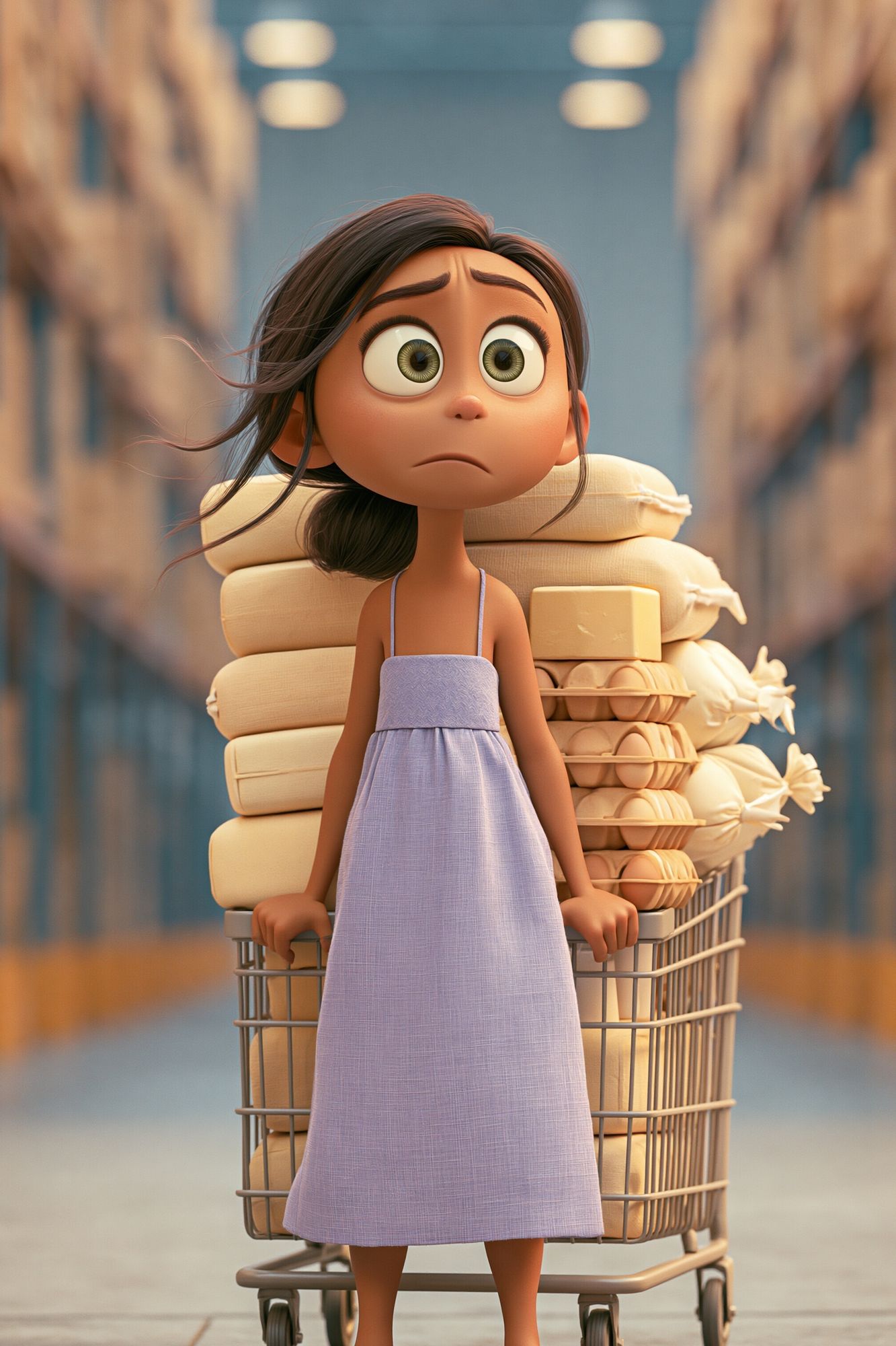 Anxious Girl with Grocery Cart Poster. poster detail