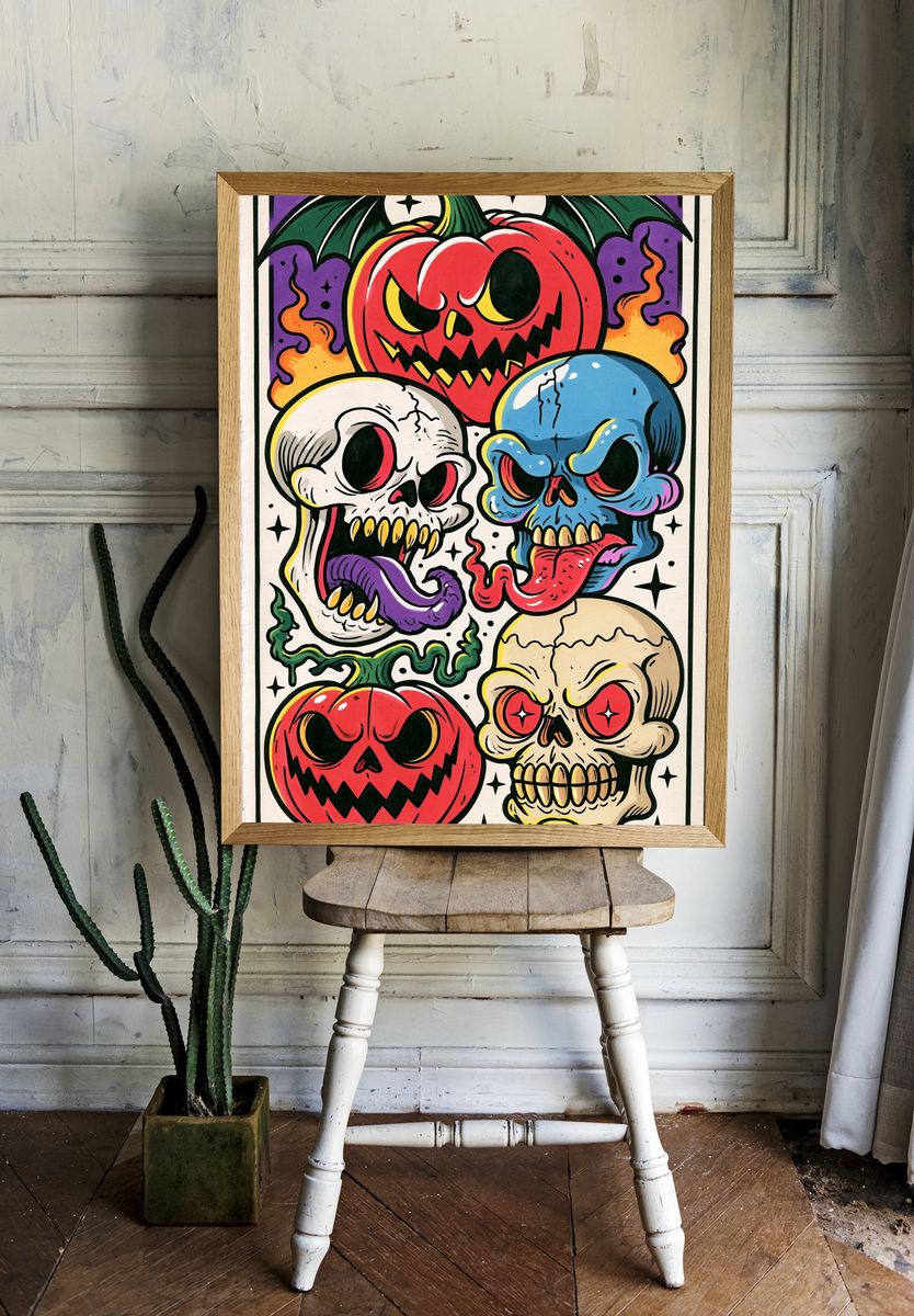 Halloween Skull Pumpkins Illustration Poster. — room view 1