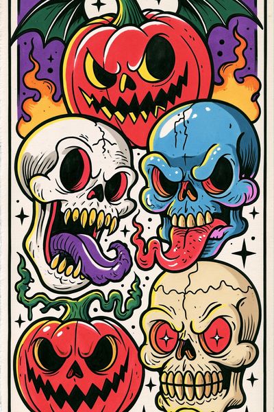 Halloween Skull Pumpkins Illustration Poster.
