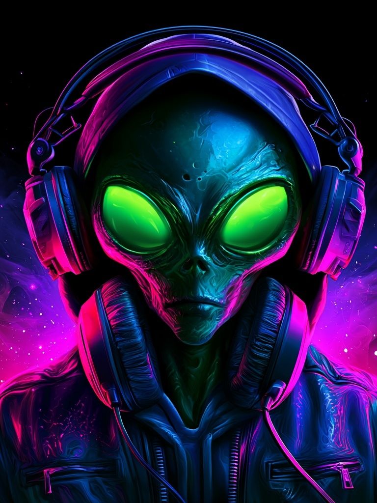 Neon Alien DJ Illustration Poster. poster detail